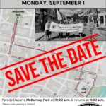 save the date poster with image of 2024 parade and a parade route as a watermark